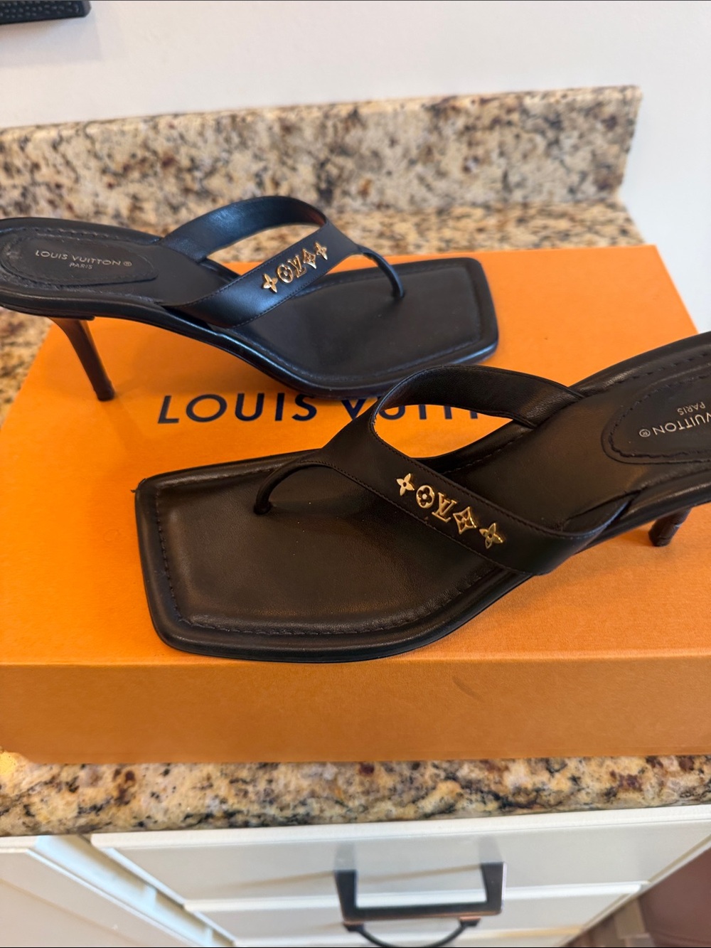 Louis Vuitton Black Leather T-strap Kitten Heel Sandals with Gold Accents